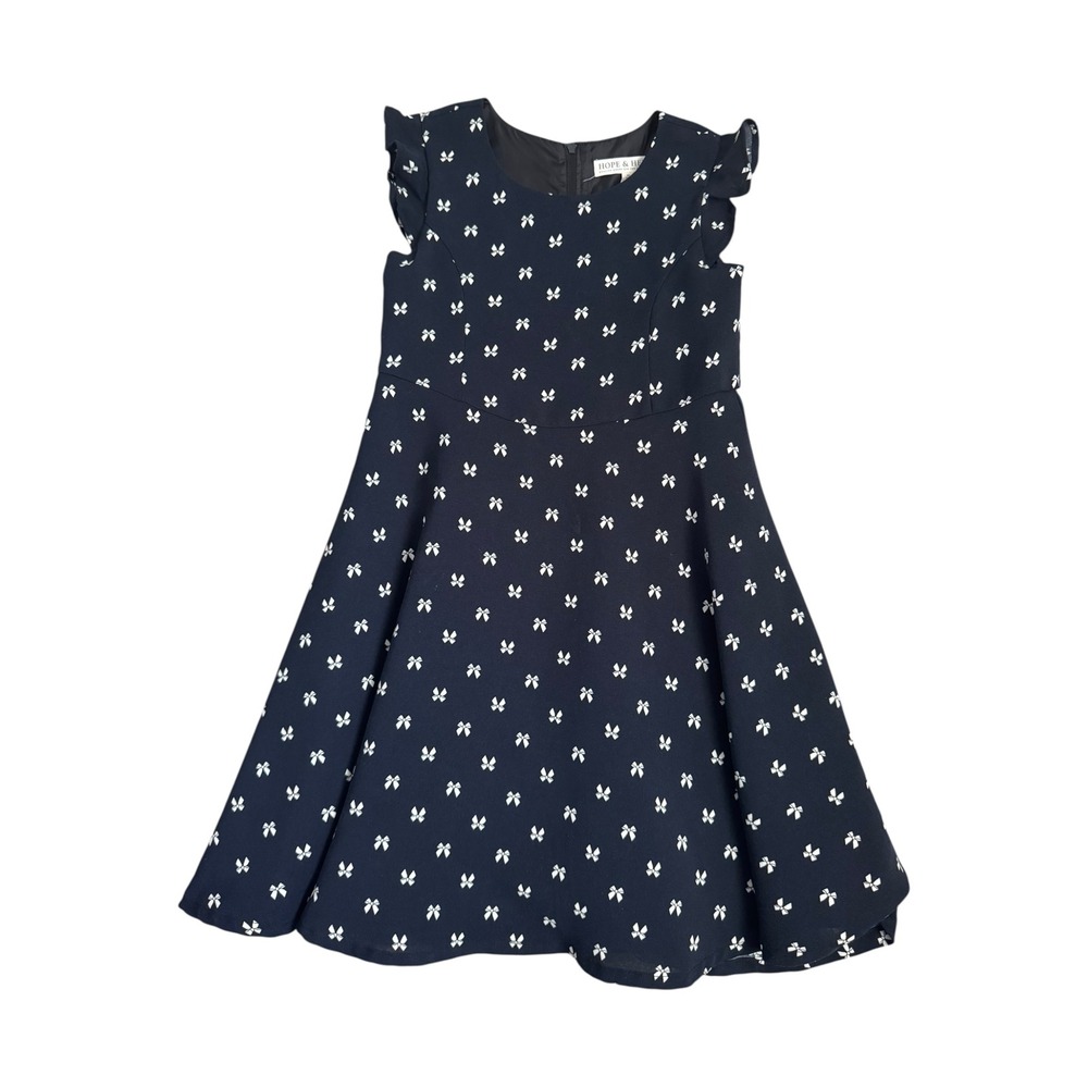 Hope & Henry Navy Blue Bow Print Flutter Sleeve Fit Flare Dress Girl's Size‎ 6